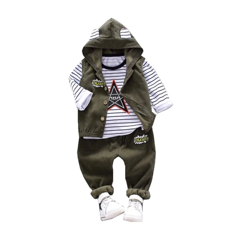 Children's outfit with a hooded jacket, striped shirt, and pants on a white background