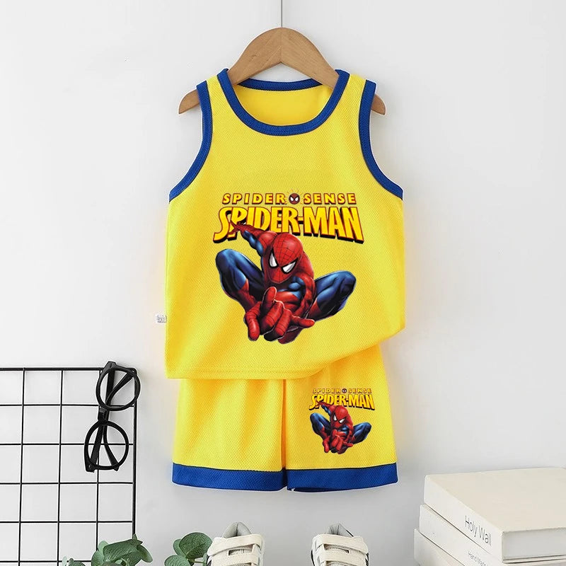 Yellow Spider-Man tank top and shorts set on a hanger against a white wall.