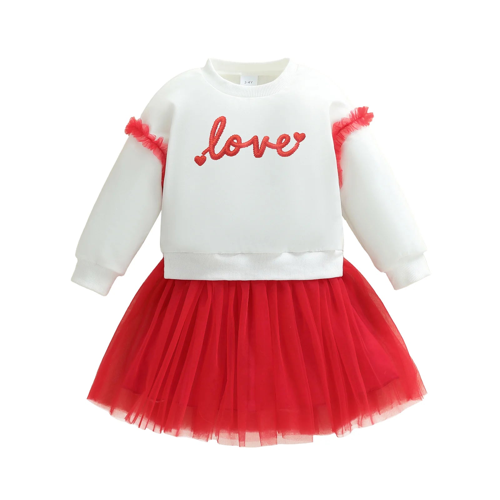 White sweatshirt with red 'love' text and red tutu skirt on a white background