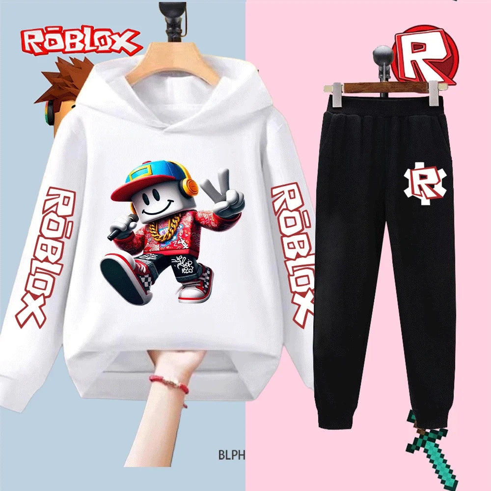 Roblox-themed hoodie and pants set with character design on a two-tone background