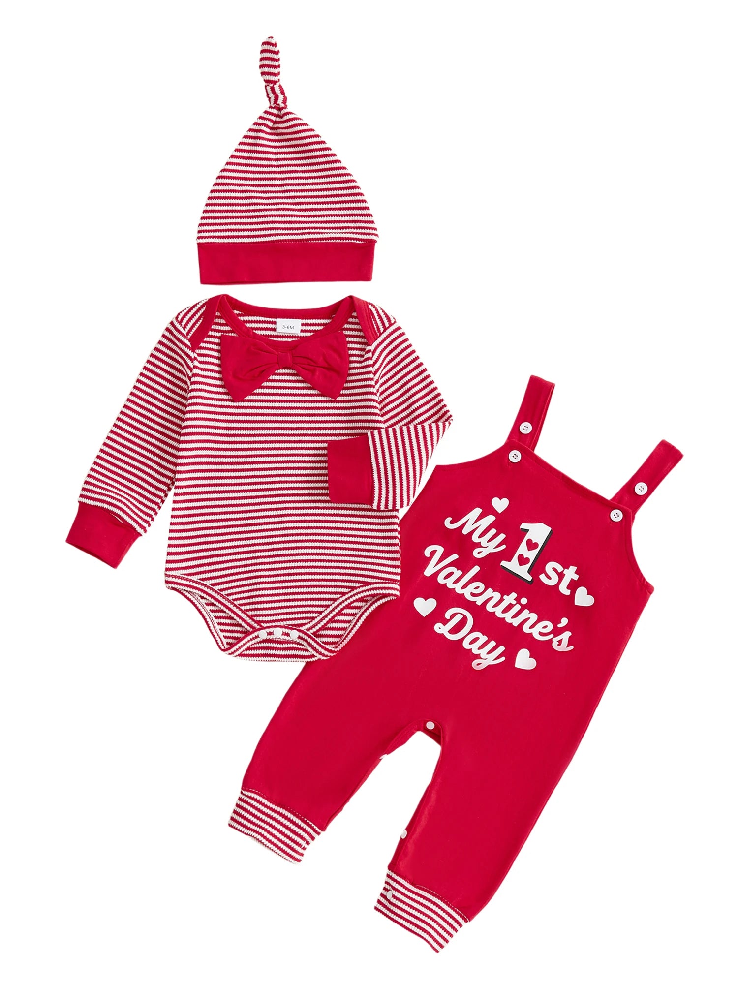 3-Piece Striped Romper + Denim Overall Pants + Hat Set