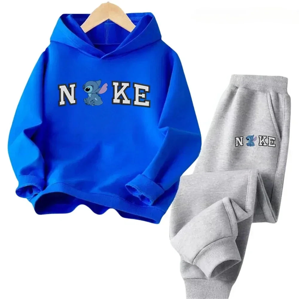 Blue hoodie and gray pants set with 'Nike' branding on a white background