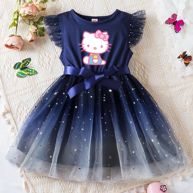 Navy blue dress with Hello Kitty design on a textured surface with flowers and butterflies.