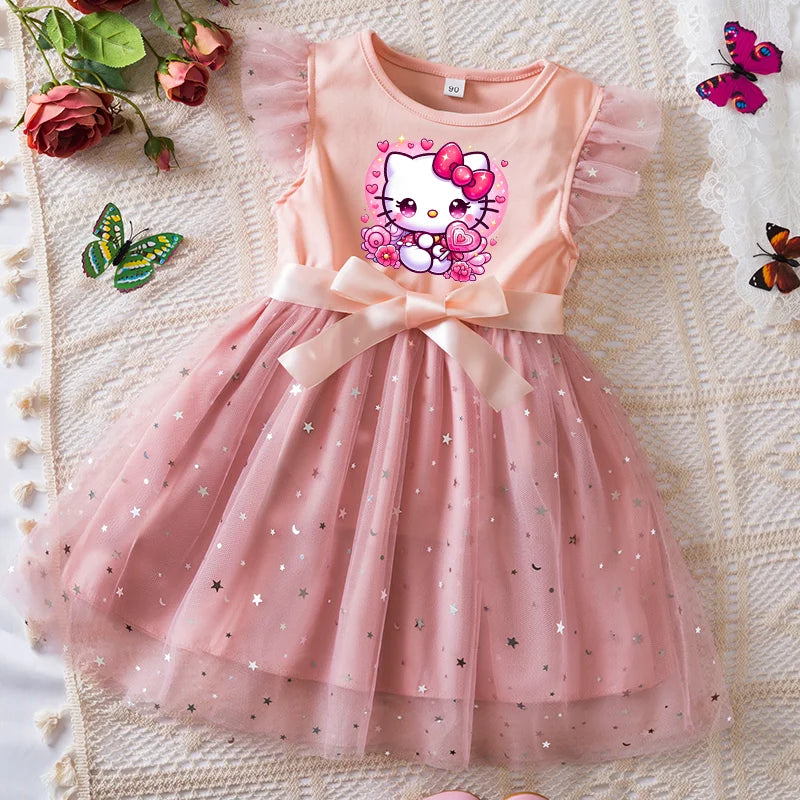 Pink dress with cartoon character on a textured surface with flowers and butterflies.