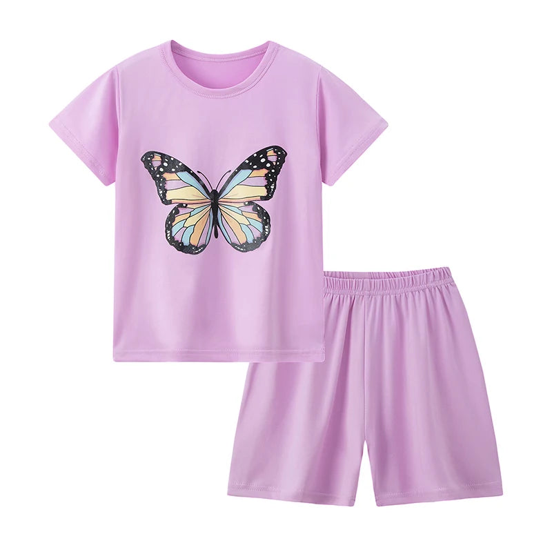 Purple children's outfit with butterfly design on a white background