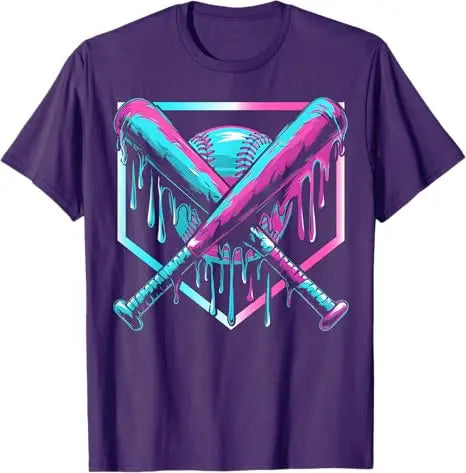 Purple t-shirt with a colorful baseball and bat design on a white background