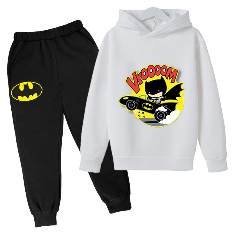 Children's hoodie and pants set with Batman logo and character design on a white background