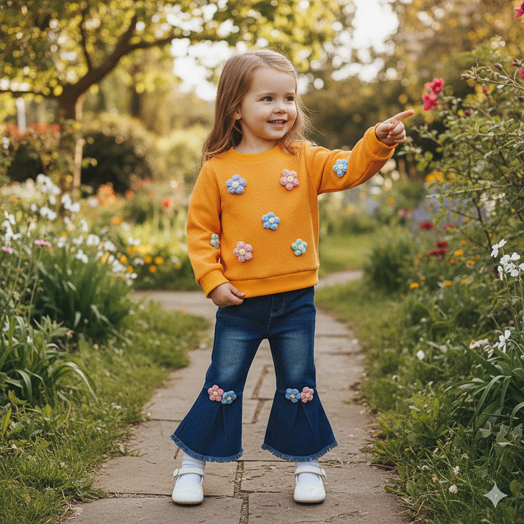 Child in an orange sweater with flower patterns standing in a garden