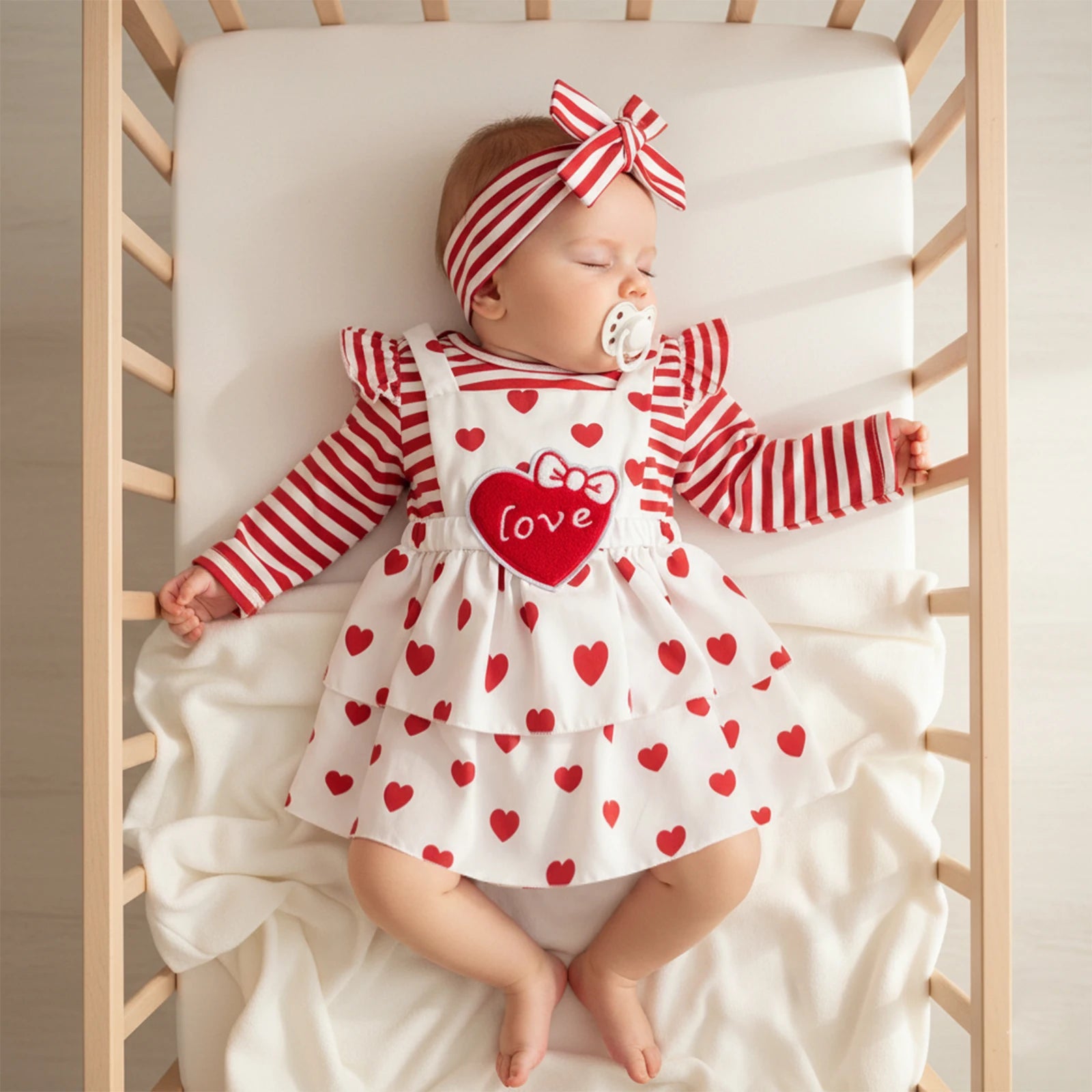 Baby in a crib wearing a red and white outfit with heart patterns and a pacifier.