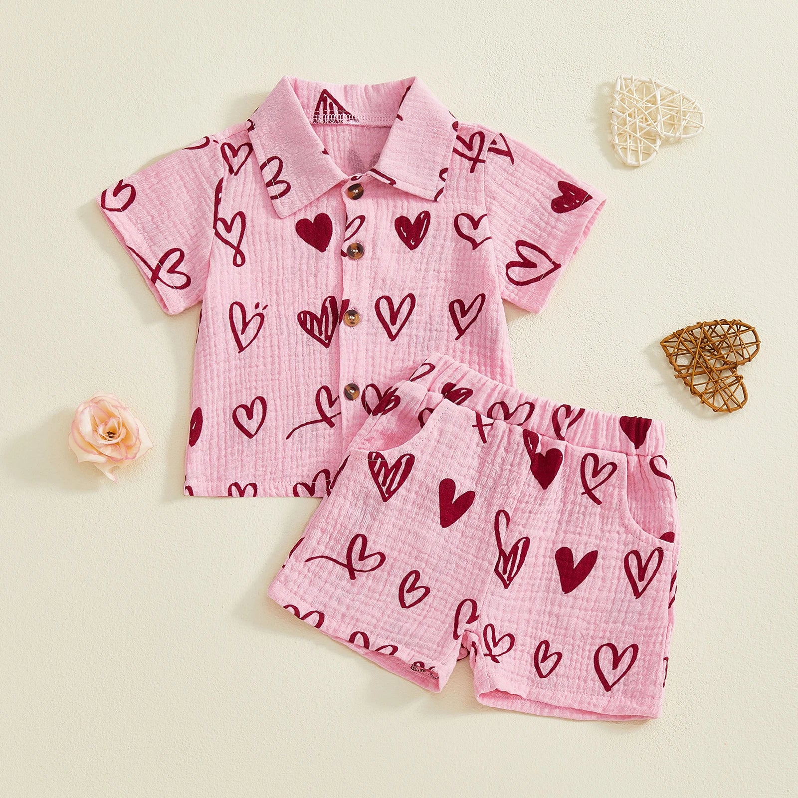 Heart Print Short Sleeve Shirt with Shorts Set