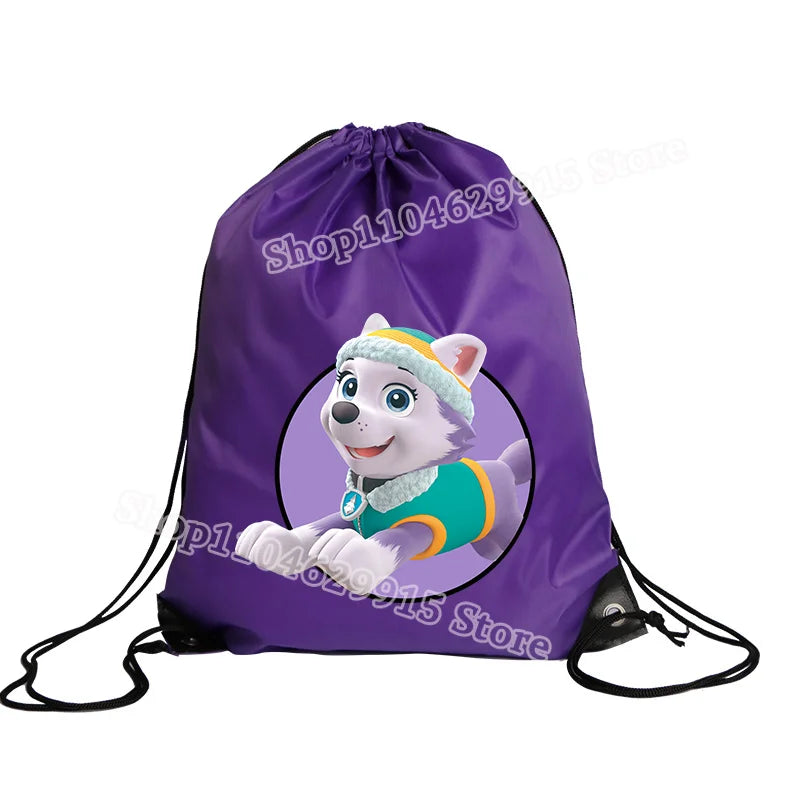 Purple drawstring bag with a cartoon character on a white background