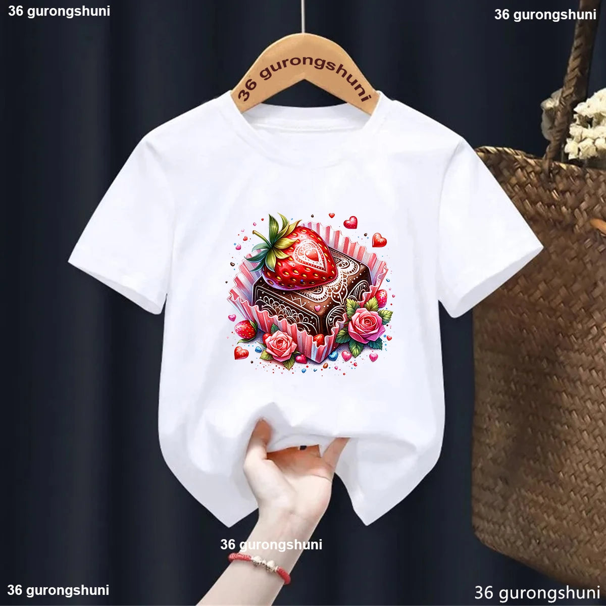 White t-shirt with a colorful design of a cake, strawberries, and flowers on a dark background.