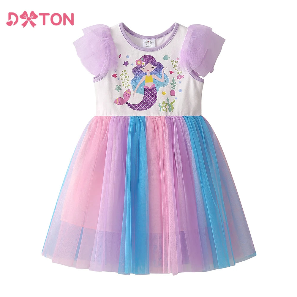 Colorful dress with mermaid design on a white background, featuring the brand 'DTON'.