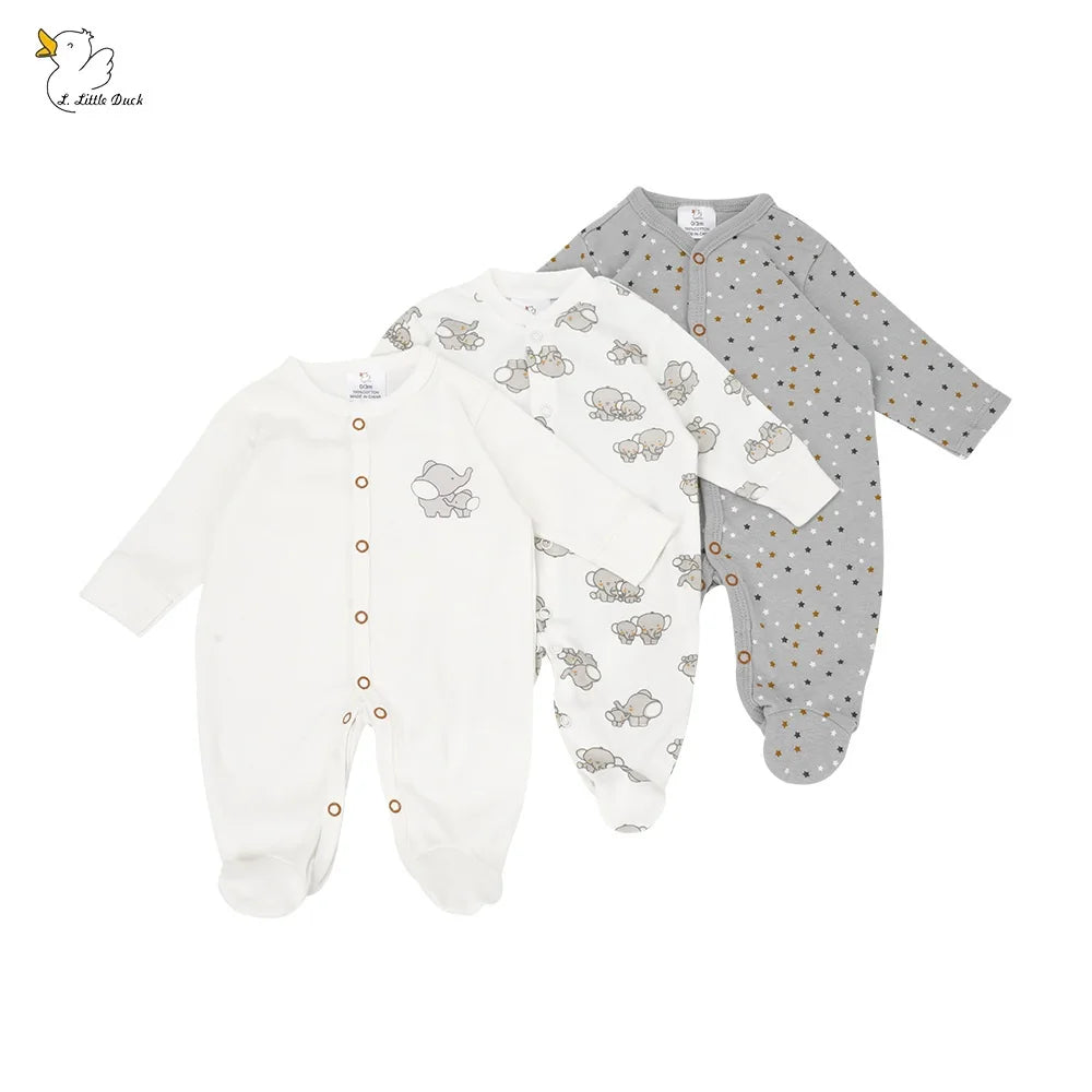 Two baby onesies, one white with animal prints and the other gray with star patterns, on a white background.