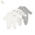 Two baby onesies, one white with animal prints and the other gray with star patterns, on a white background.