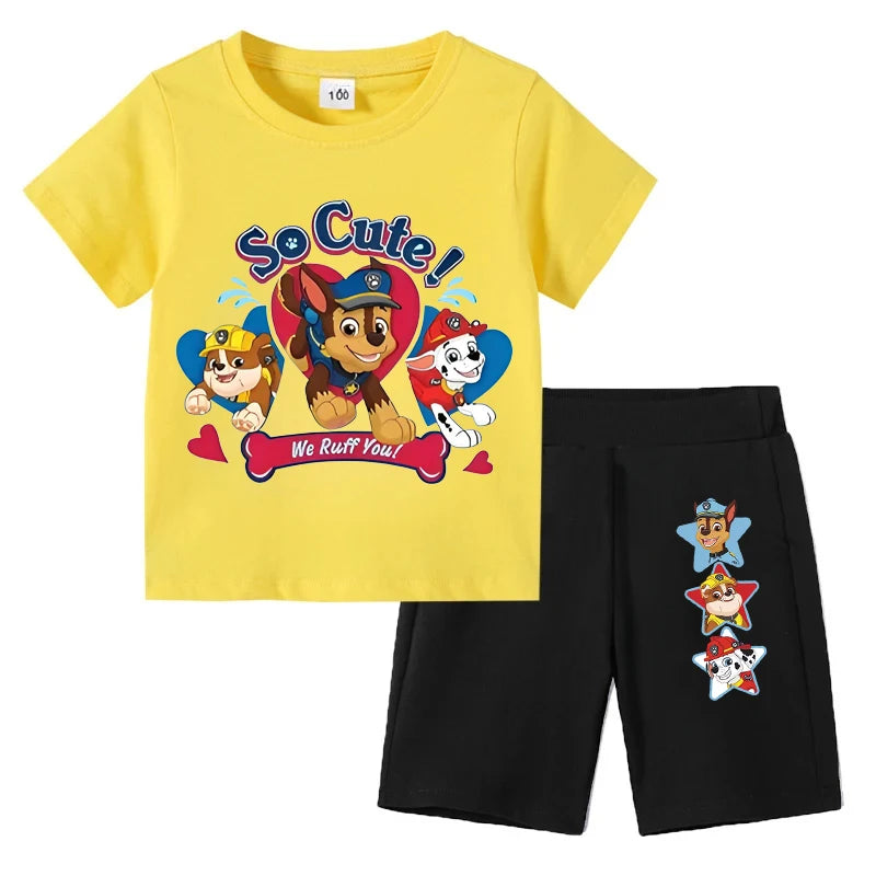 Yellow t-shirt with cartoon characters and black shorts on a white background