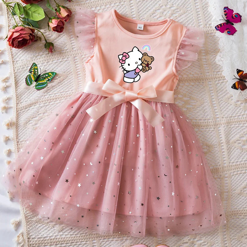 Pink dress with cartoon character on a textured surface with flowers and butterflies.