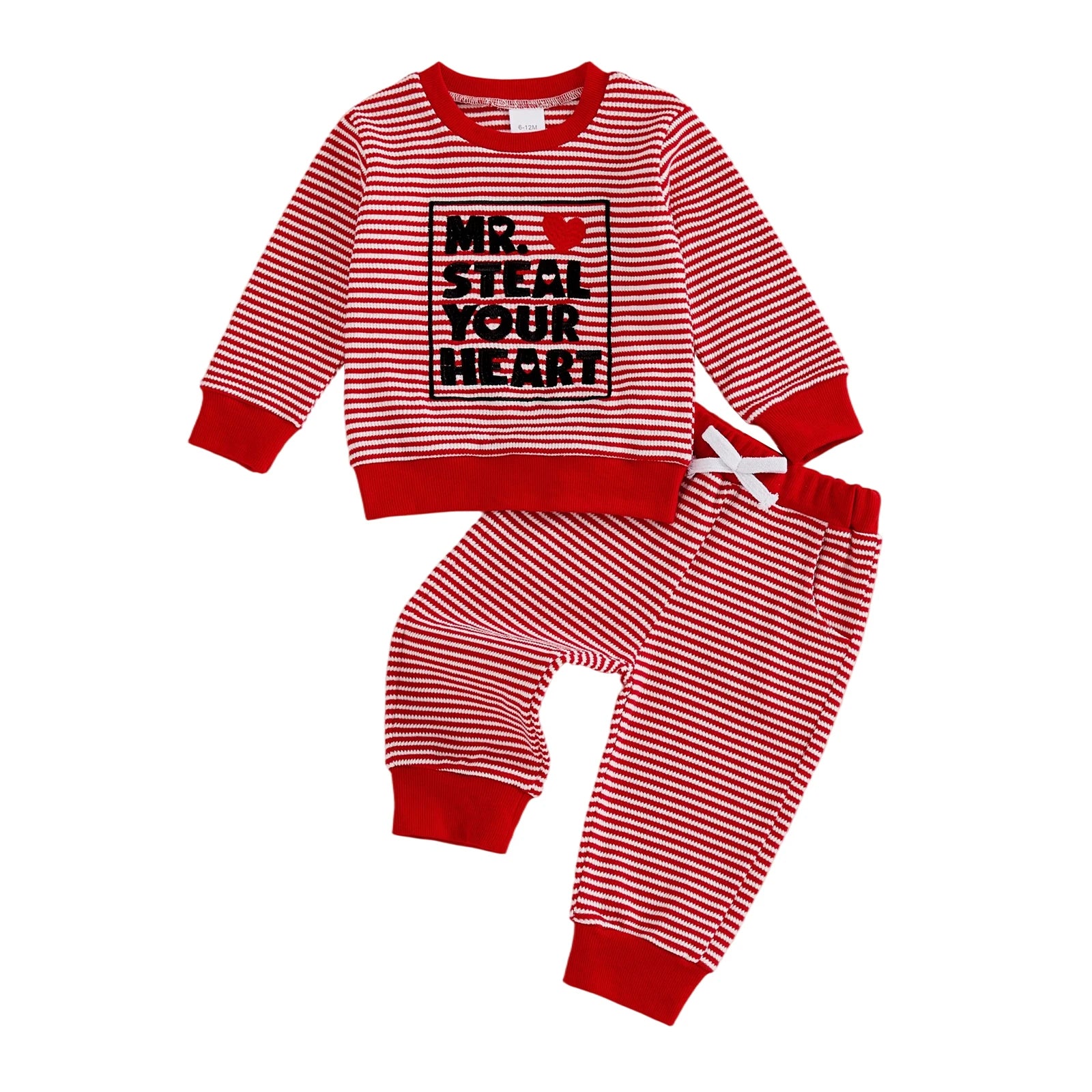 Red and white striped children's outfit with text on a white background