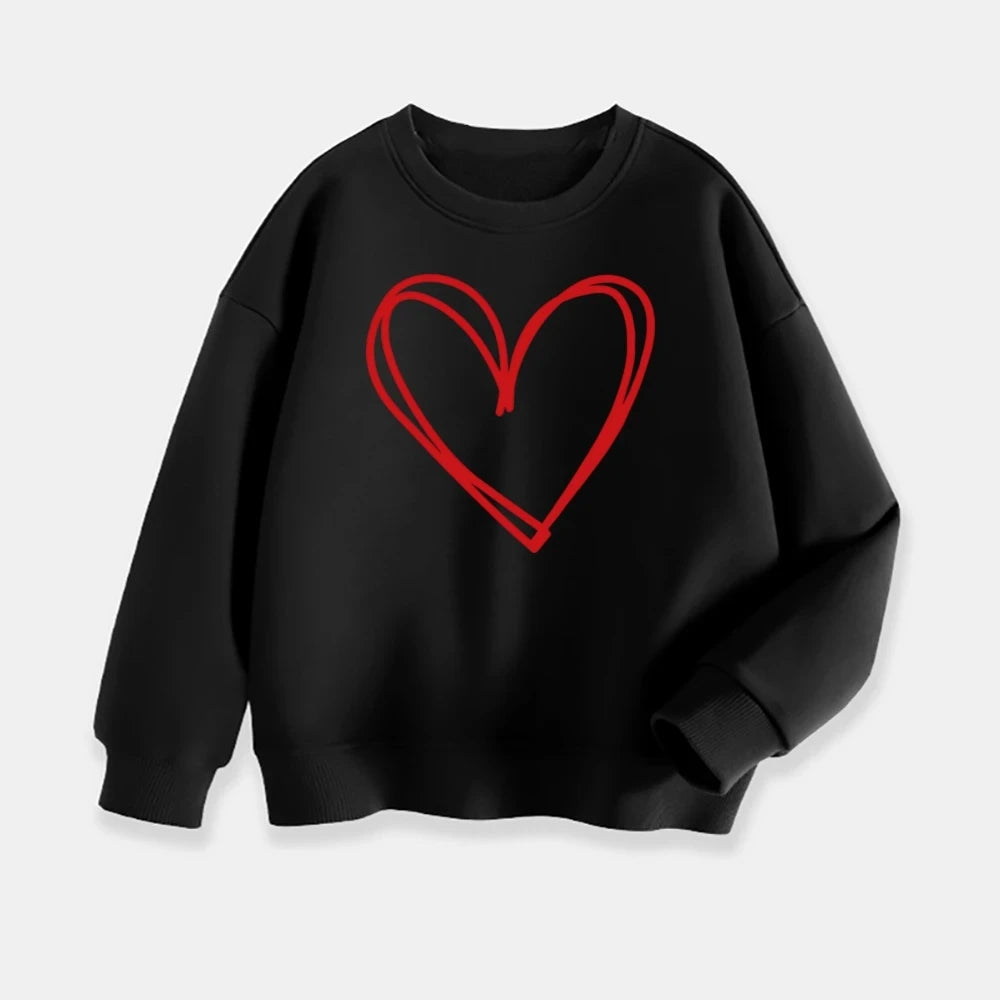 Black sweatshirt with a red heart design on a light gray background