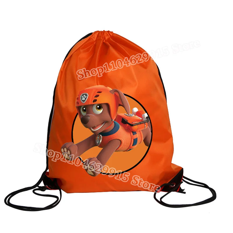 Orange drawstring bag with a cartoon dog character on a white background