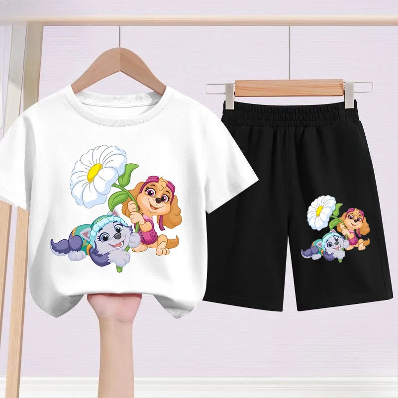 Children's t-shirt and shorts set with cartoon characters on a white background