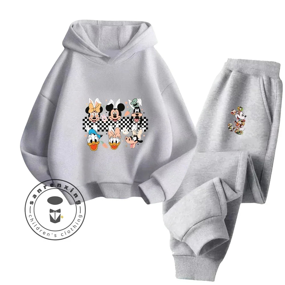 Gray hoodie and pants set with cartoon character design on a white background