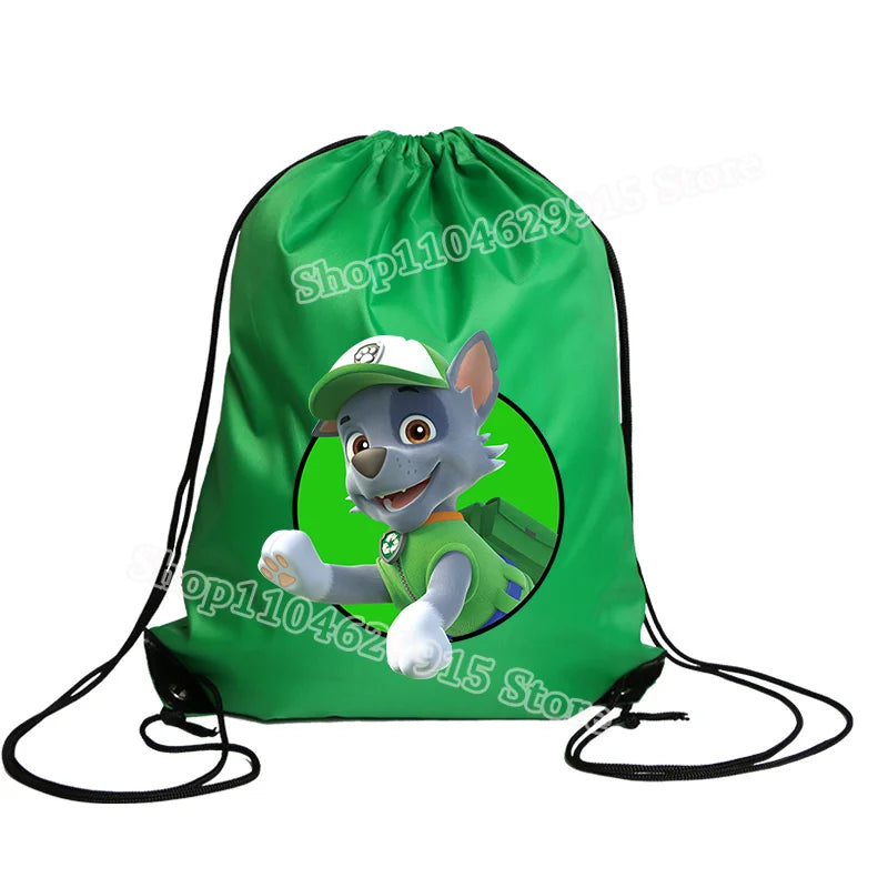 Green drawstring bag with a cartoon character on a white background