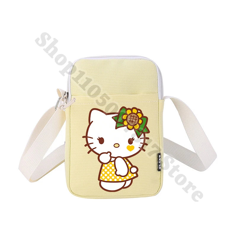 Small yellow bag with a cartoon character wearing a sunflower hat on a white background