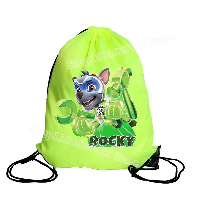 Green drawstring bag with a cartoon character on a white background