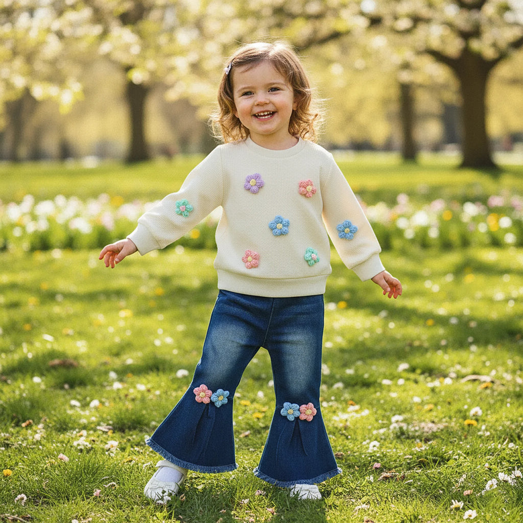 Child wearing a white sweater with colorful flower patterns and blue jeans standing in a park with flowers and trees.