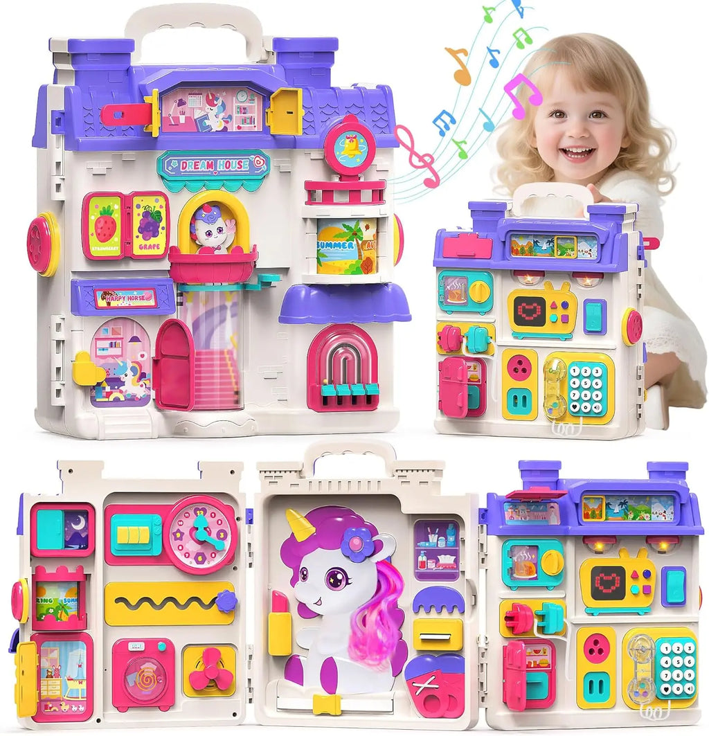 Colorful toy house set with a child holding it, featuring various rooms and a unicorn design.