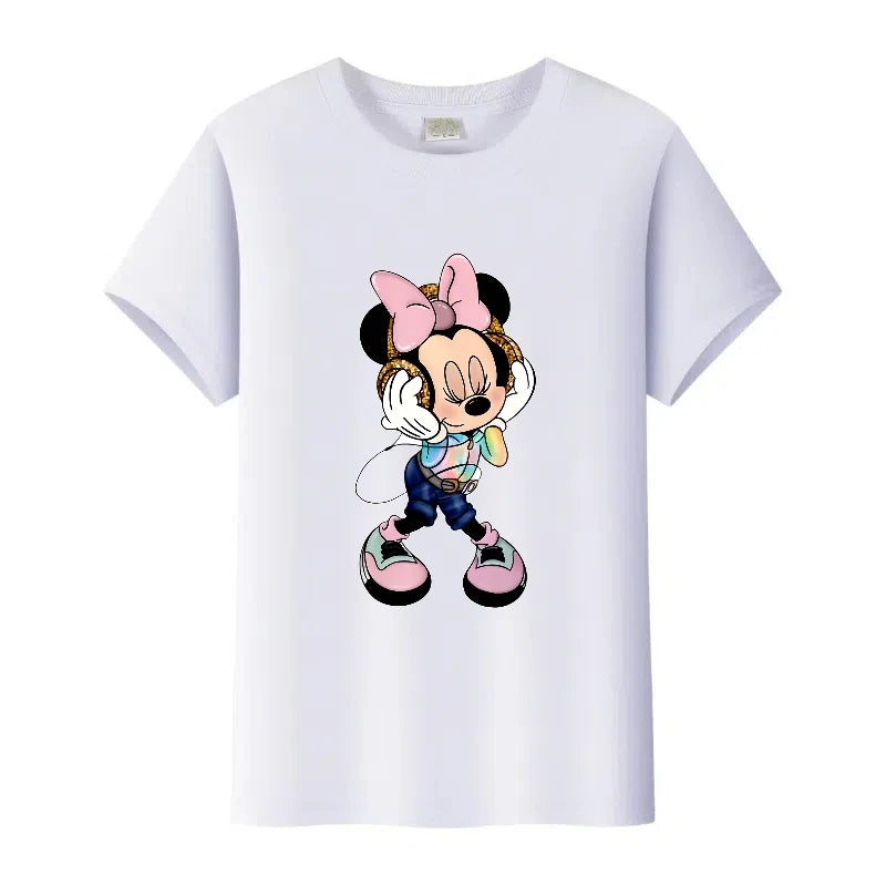 White t-shirt with a cartoon character design on a white background