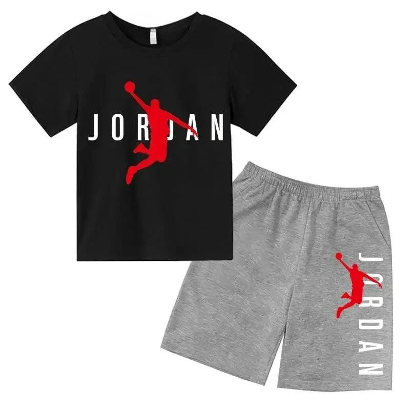 Black t-shirt with red and white 'Jordan' logo and gray shorts with red and white 'Jordan' logo on a white background