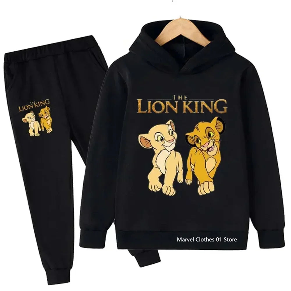 Black hoodie and pants set with 'The Lion King' graphics on a white background