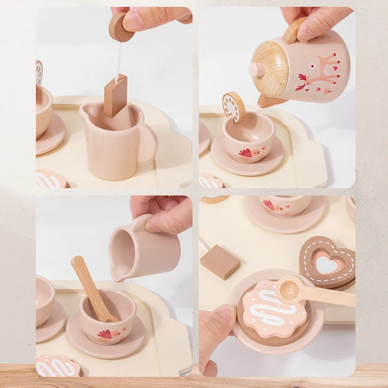Collage of a wooden tea set with cups, saucers, and utensils on a light background.