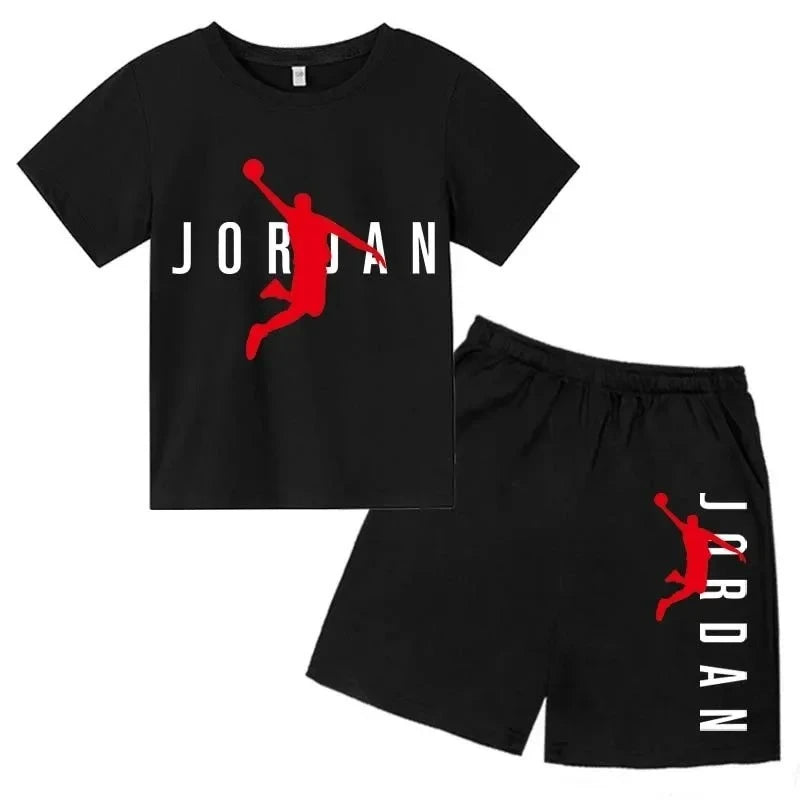 Black t-shirt and shorts set with Jordan logo on a white background