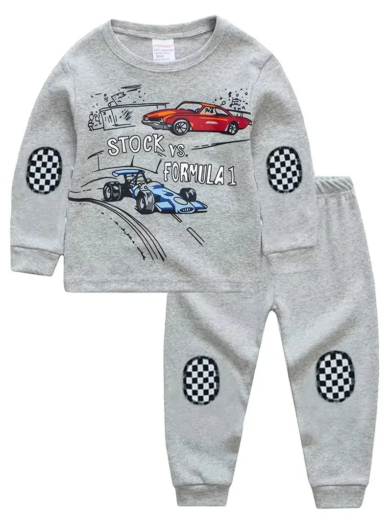 Boys Pajama Set - Cartoon Car Print Long Sleeve PJs for Kids