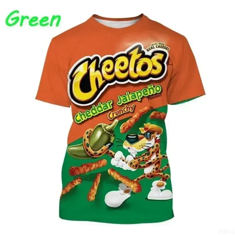 Cheetos cheddar jalapeño Crunchy t-shirt with a green border on a white background