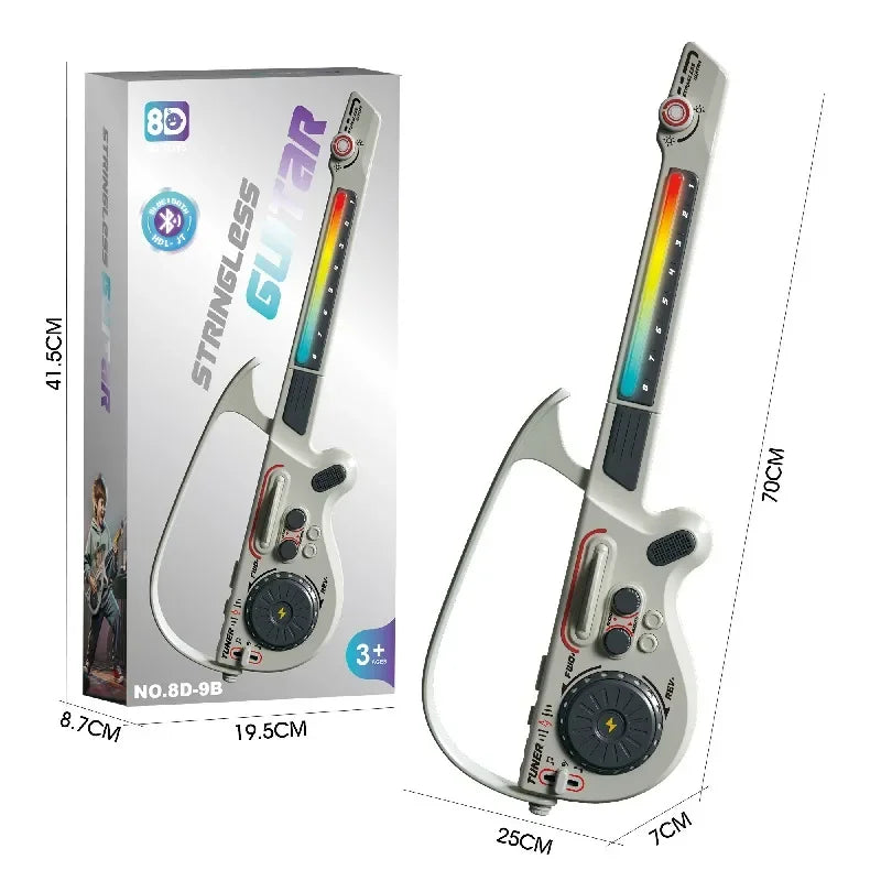 Stringless guitar toy with packaging and dimensions displayed