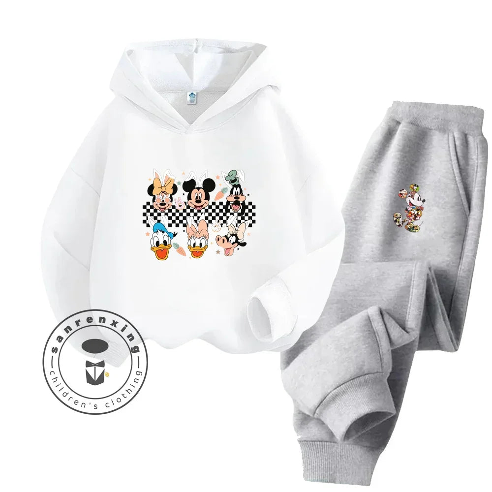Children's hoodie and pants set with cartoon character design on a white background