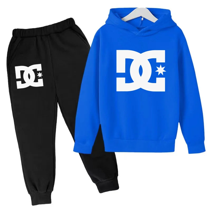 Blue hoodie and black pants with DC logo on a white background