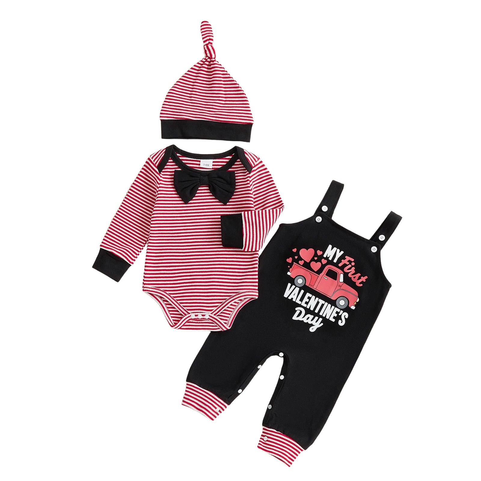 3-Piece Striped Romper + Denim Overall Pants + Hat Set