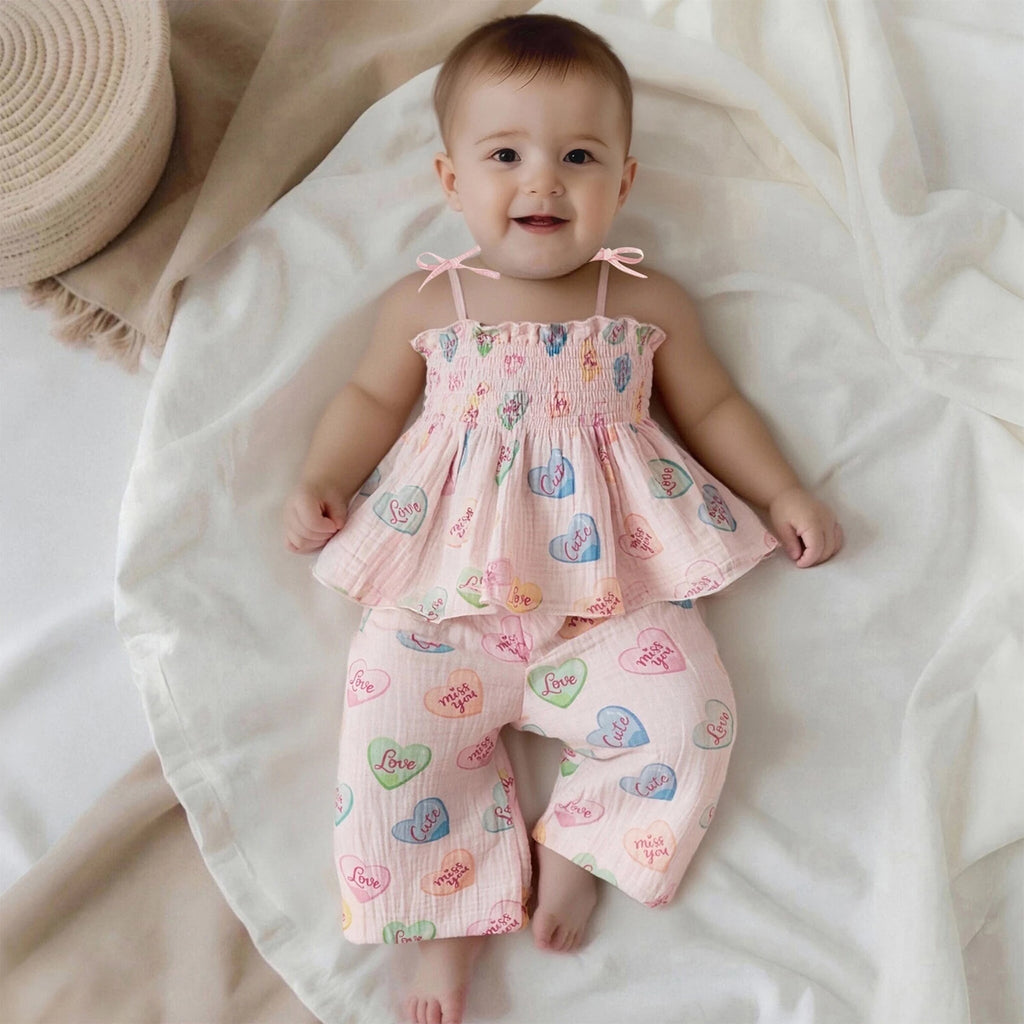 Baby wearing a pink outfit with heart patterns on a white blanket