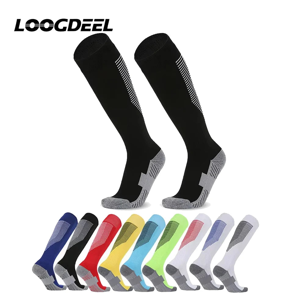 Black knee-high socks with gray accents and a row of colorful socks below on a white background, featuring the brand 'LOOGDEEL'.