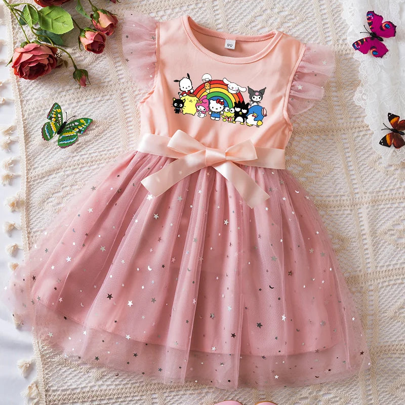 Pink dress with cartoon characters on a textured surface with flowers and butterflies.