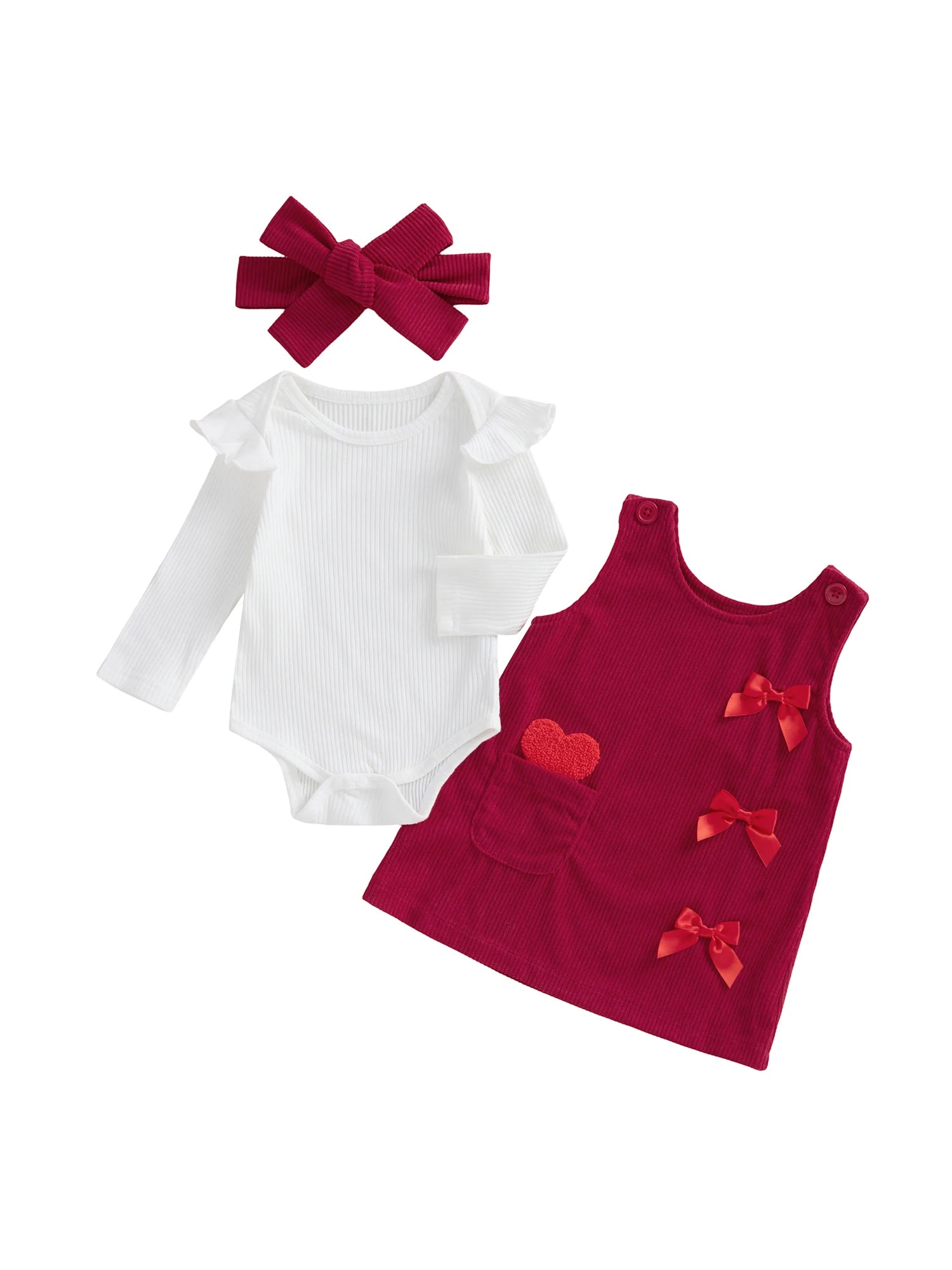 Baby outfit set with white onesie, red dress with heart and bow details, and matching headband on a white background.