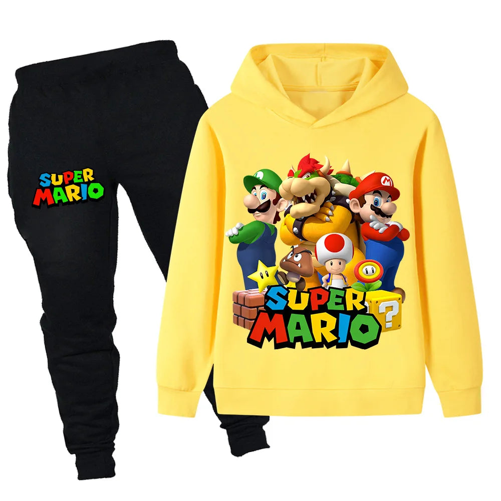 Yellow hoodie with Super Mario design and black pants on a white background