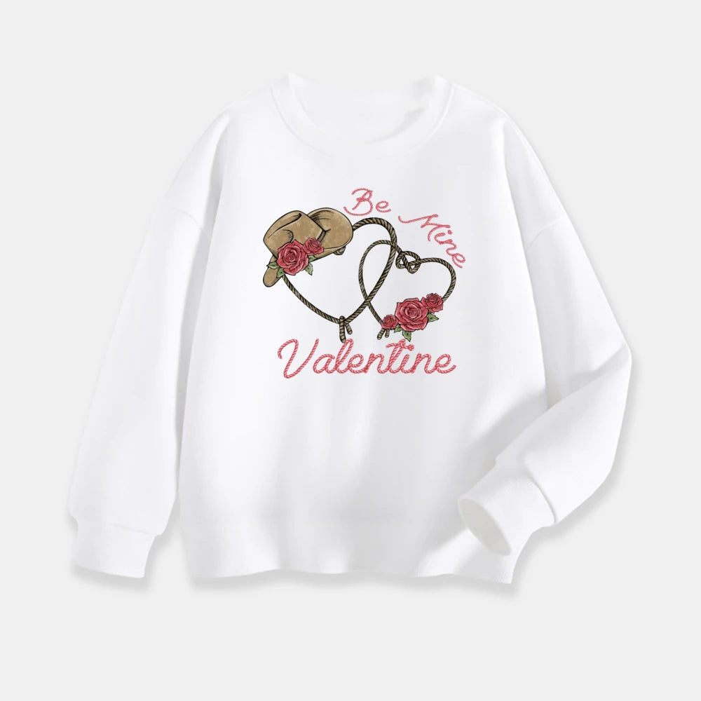 White sweatshirt with Valentine's Day design featuring roses and a heart on a white background