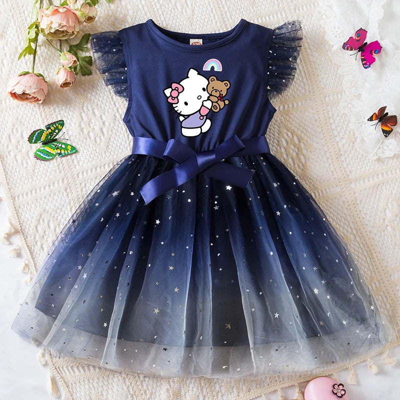Navy blue dress with cartoon character and purple bow on a textured surface with flowers and butterflies.