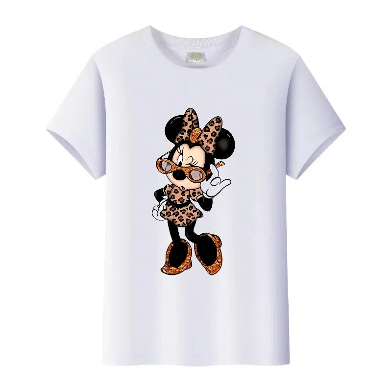 White t-shirt with a cartoon character wearing leopard print clothing on a white background
